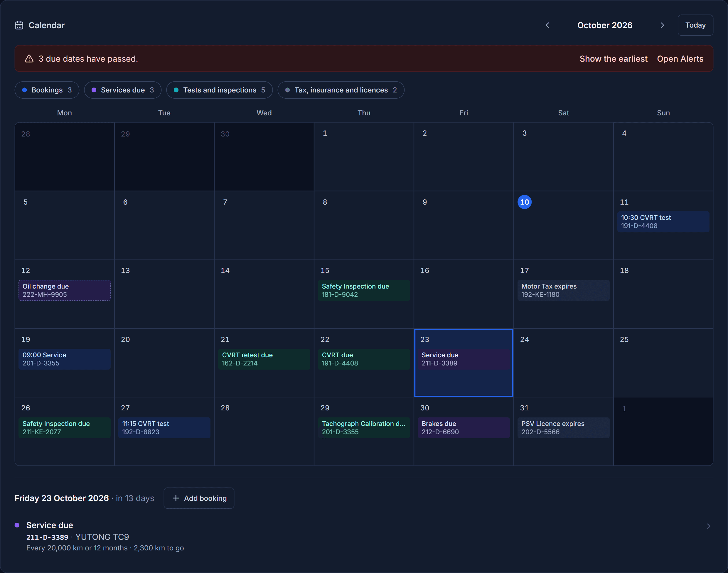 The FleetMain maintenance calendar for October 2026. Test bookings, services due, safety inspections and licence renewals each sit on the day they fall, and the day picked shows a service due on one coach.