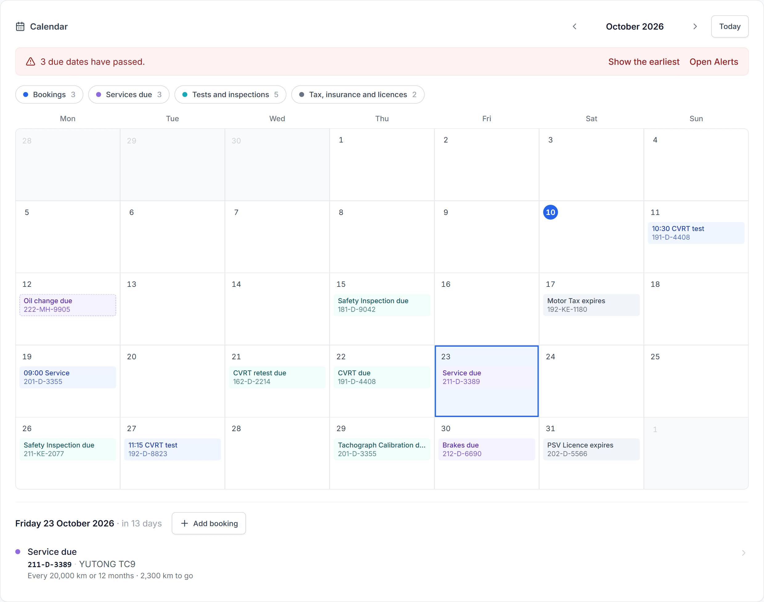 The FleetMain maintenance calendar for October 2026. Test bookings, services due, safety inspections and licence renewals each sit on the day they fall, and the day picked shows a service due on one coach.